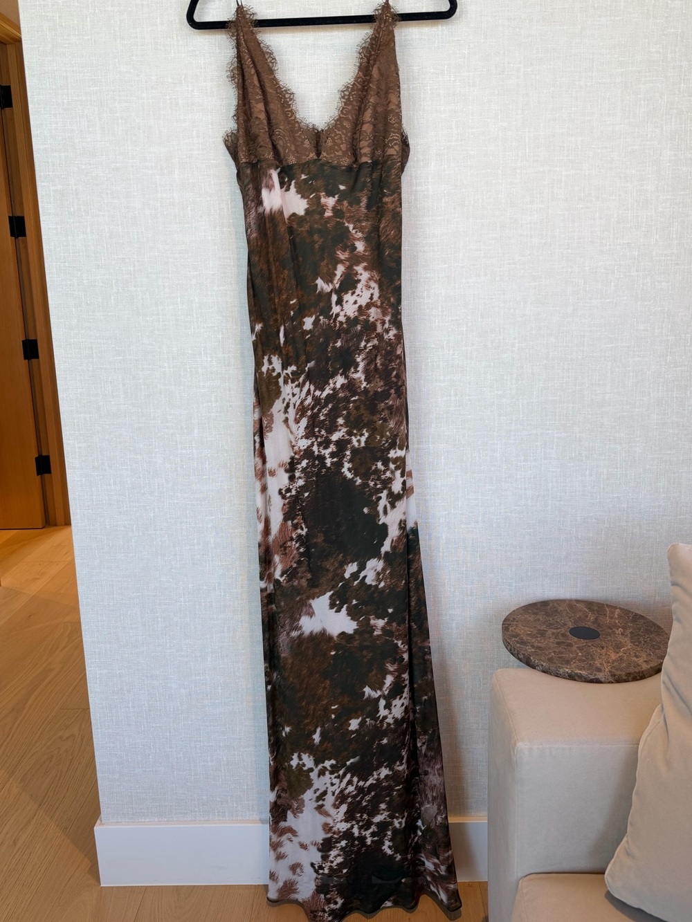 L'AGENCE Brown Lace-Trim Tie-Dye Slip Dress